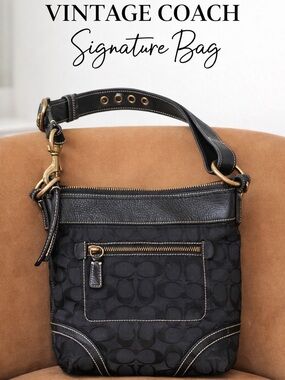 Vintage Coach Black Signature Canvas Crossbody Bag Leather Trim Y2K Classic
